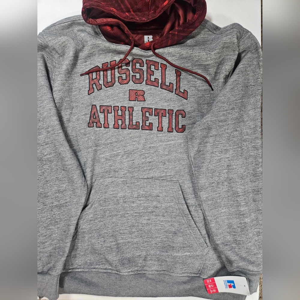 Russell Athletic Hoodie Mens XL Grey Red Logo Hooded Sweatshirt‎ Activewear Gear